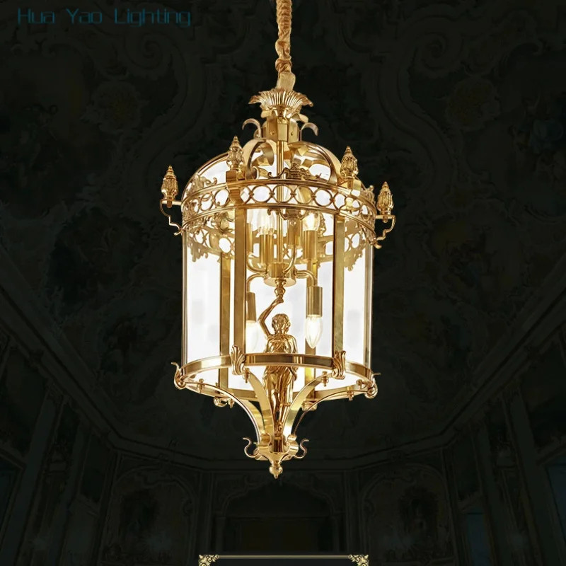 

French Luxury Villa Living Room Entrance Brass Angel Glass Pendant Lamp Kitchen Island Glass Pendant Light