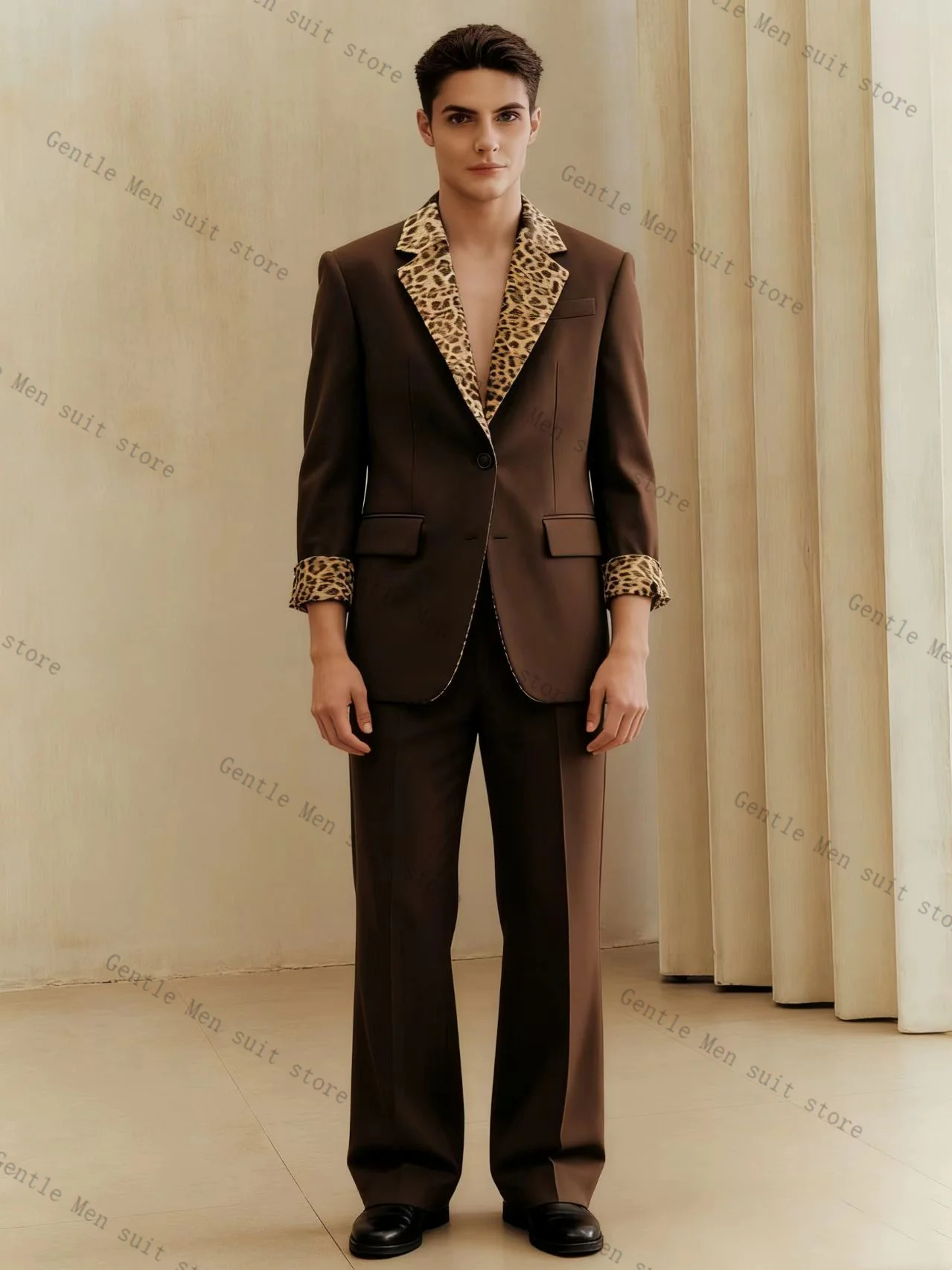 

Leopard Print Men Suit Set 2 Pcs Blazer+Pants Trousers Brown Groom Wedding Tuxedo Formal Office Business Jacket Coat Customized