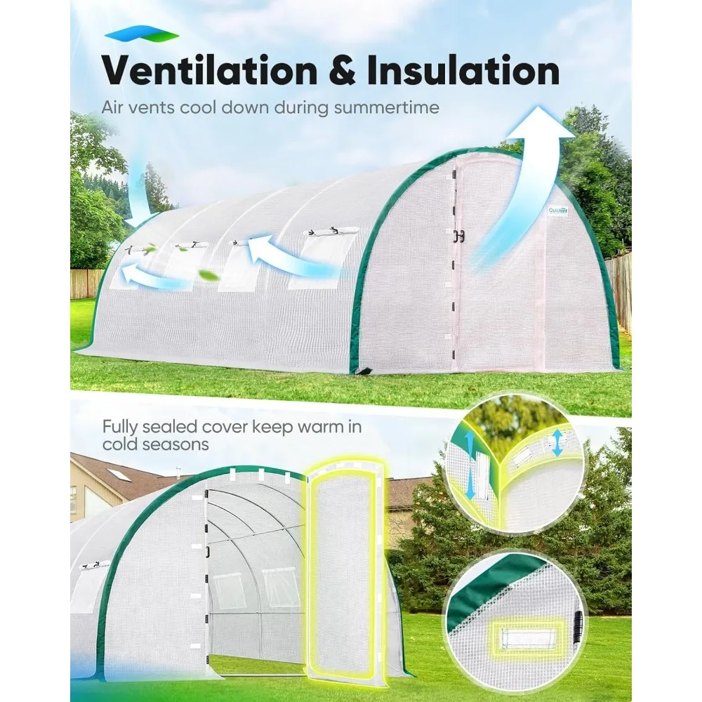 

Upgraded Tunnel Hoop House Frame and Cover for Outside Garden Plant, 2 Swing Door 8 Screen Window, Greenhouses