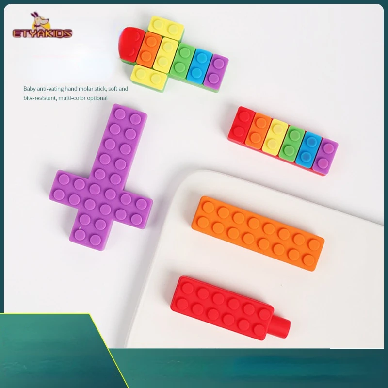 1pc Rainbow Building Block Silicone Teether Sensory Chew for Baby Children with Autism Necklace Chewing Pendant Grinding Rod