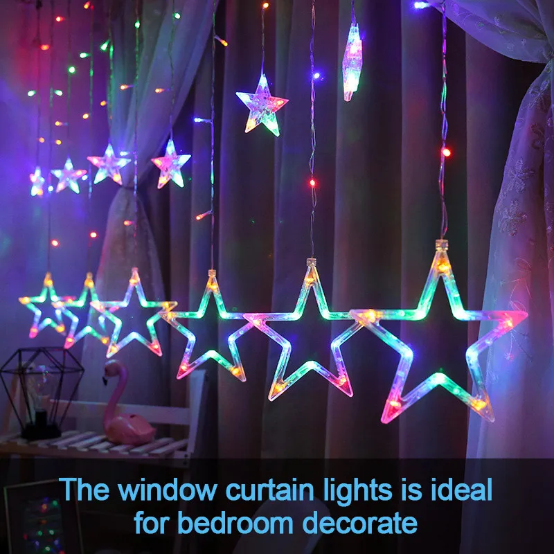 8 Modos EU Plug LED Cortina String Luzes Criativo Estrela Natal Garland Fada Luzes Ao Ar Livre para Festa de Casamento Quarto Decoração