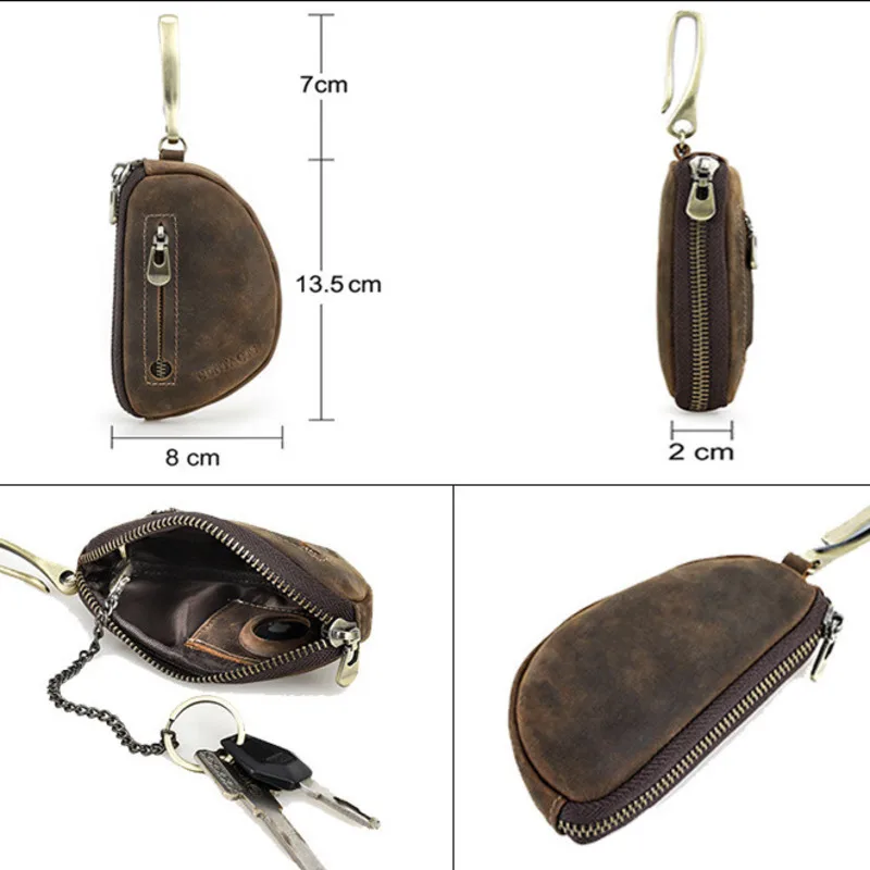 New Fashionable British Style Crazy Horse Zipper Small Wallet Female Airtag Men Tracker Position Leather Key Purse Men's Wallets