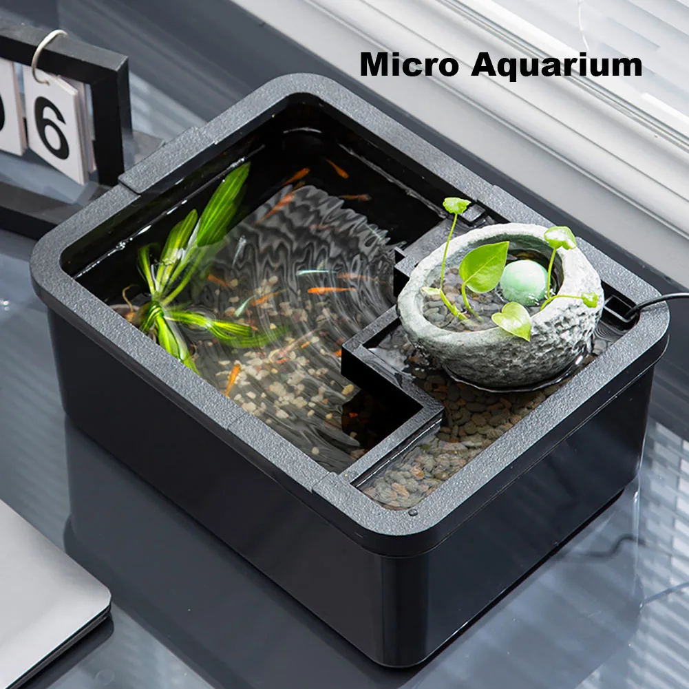 

Fish Tank Micro Landscape Mini Aquarium Cylinder With LED Light Strip Stone Mortar USB Submersible Pump For Office Desktop