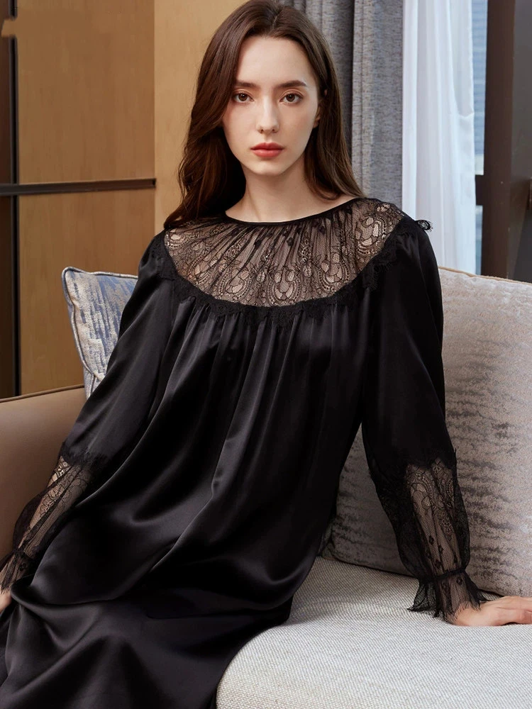 19 Momme 100% Mulberry Silk Sexy Women's Nightgown Sheer Lace Summer Nightdress Loose Sleepshirts Housewear Nightgowns Pajamas