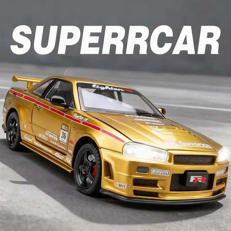 

1:24 Skyline Ares GTR GT-R R34 Alloy Sports Car Model Diecast Metal Track Racing Car Vehicle Model Sound and Light Kids Toy Gift
