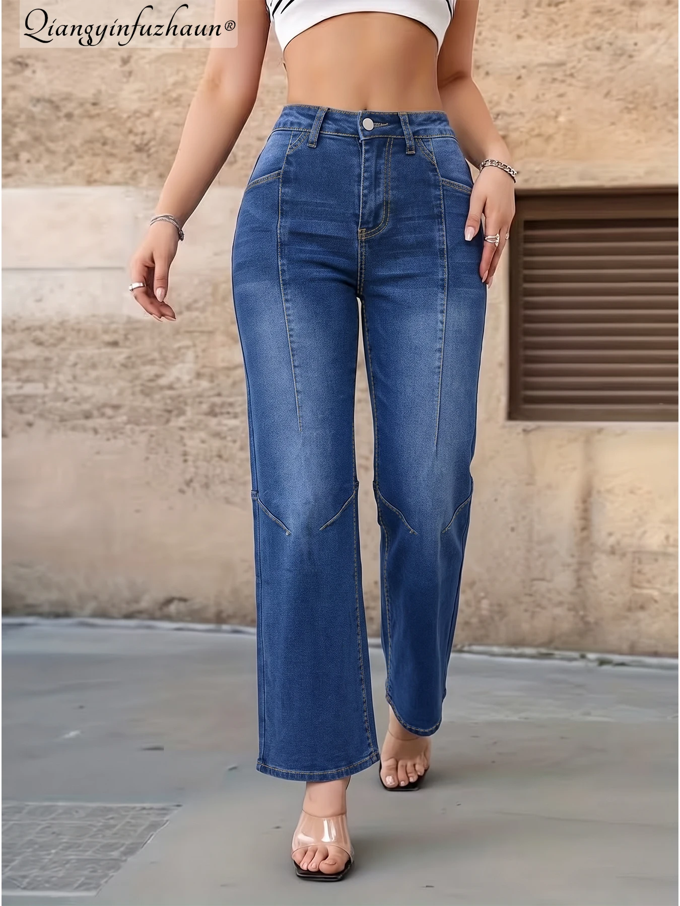 Best-Selling Design Denim! Washed Denim with Mixed Patterns. High-Waisted Straight-Leg Pants That Flatter and Make You Look Tall