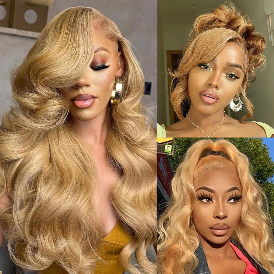 13X6 Honey Blonde Wig Human Hair 180% Density Peruvian Transparent Lace Frontal Wigs Human Hair 27# Colored Body Wave Wig