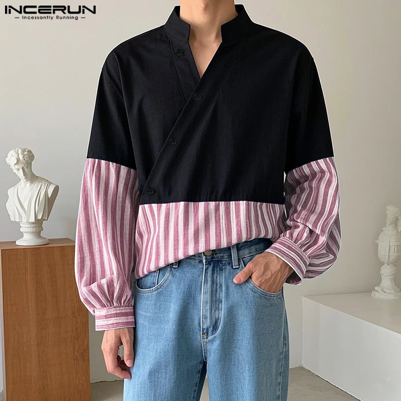 

INCERUN Tops 2025 Korean Style Fashion Men's Striped Patchwork Contrast Stand Neck Shirts Casual Personality Long Sleeved Blouse
