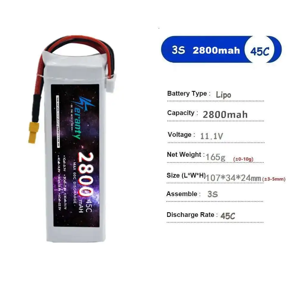 TERANTY 2800mAh 7.4V 11.1V 14.8V 22.2V リポバッテリー RCクアッドコプター ヘリコプター 車 ボート ドローン用 45C 2S 3S 4S 6S 2個入り