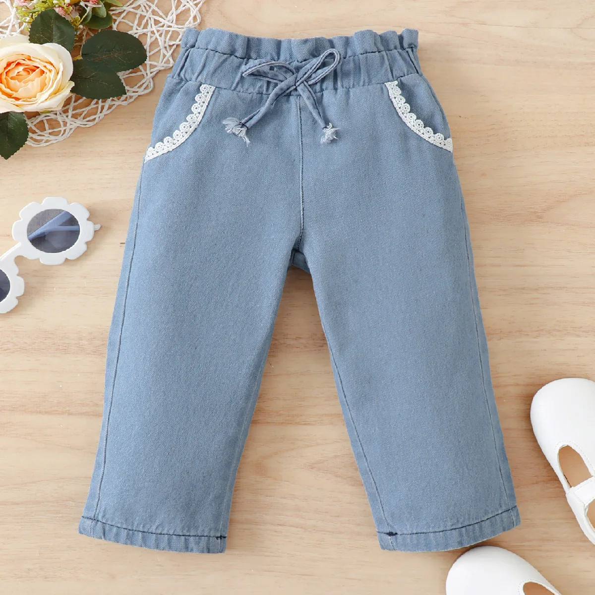 3-24 Months Baby Girl Pants Fashion Denim Paired with Lace Pants Elastic Waist for all Seasons Wear Toddler Girl Daily Matching