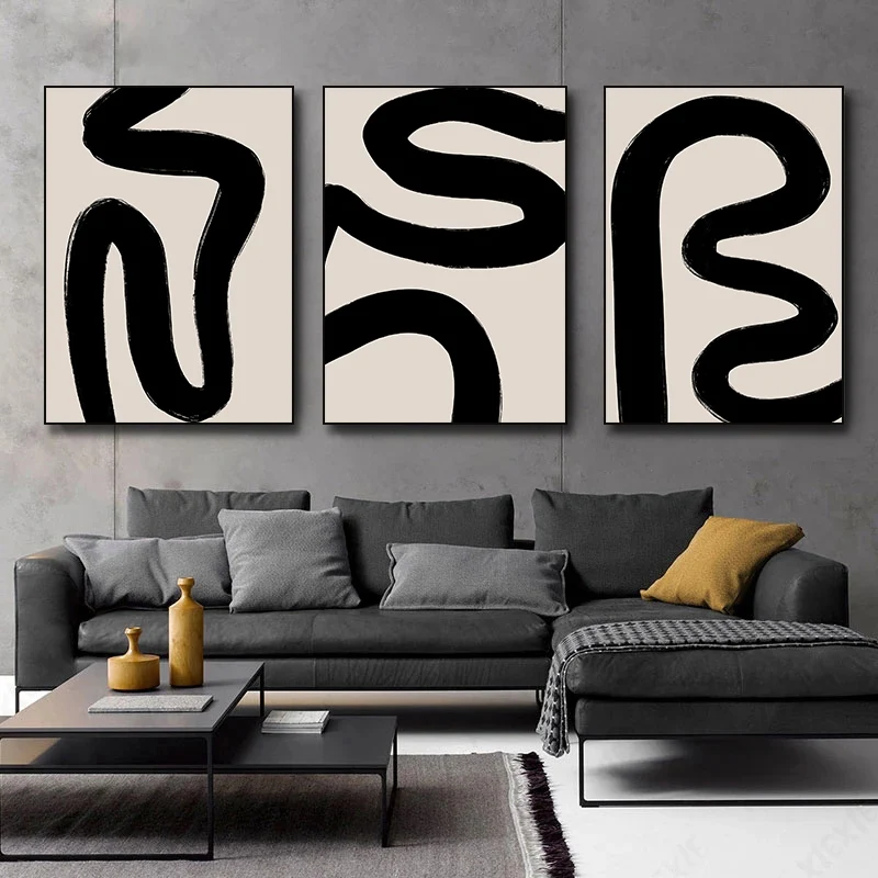 Geometrische Abstrakte Kunst, Schwarz-Neutralschwarz-Beige Pinselstriche Poster Leinwanddruck Wandkunst für Wohnzimmer Heimdekoration Geschenk