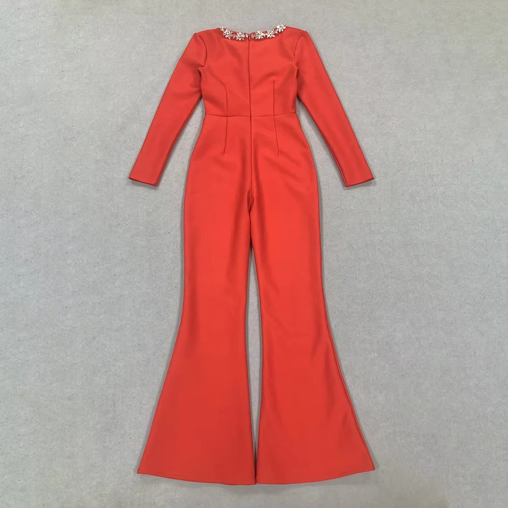 Fashionable Rhinestones Diamond Hollow Red Color Bandage Jumpsuit Woman Lady Office Wear Jumpsuits For Women