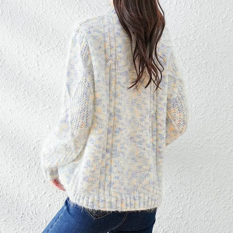 Flattering Women's Clothing Round Neck Autumn Winter Contrast Color Lantern Long Sleeve Pullover Sweater Knitted All-match Tops