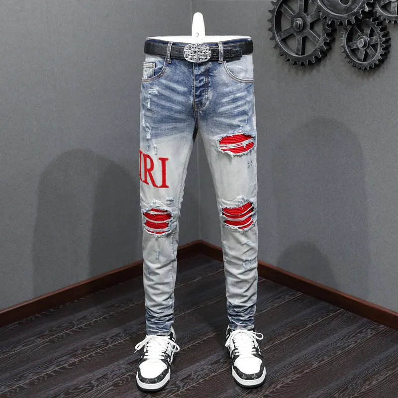 Fashionable new men's jeans, elastic slim fit, washed with water, nostalgic retro light blue ripped red patch jeans, high street