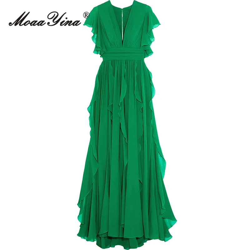 

MoaaYina Spring Fashion Designer Green Elegant Party Dress Women's Deep V Neck Ruffles Ruched High Waist Slim A-LINE Long Dress