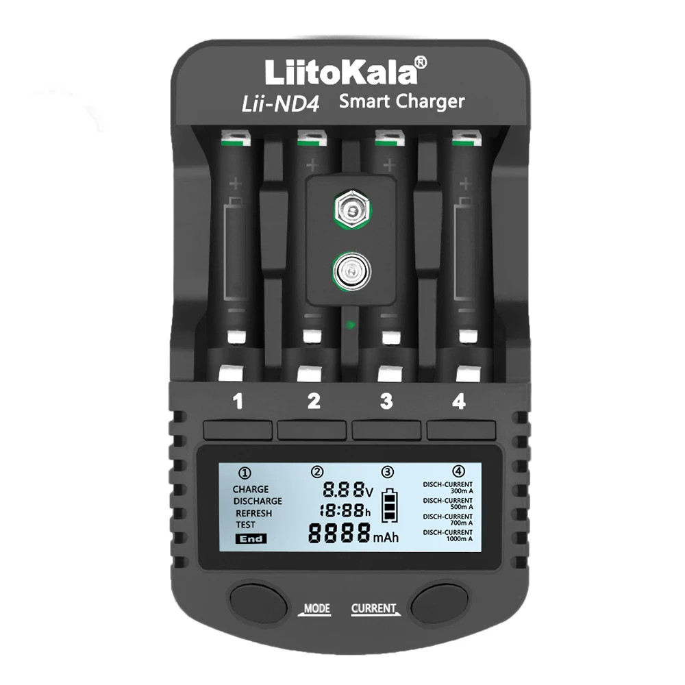 LiitoKala Lii-ND4 NiMH/ acd charging Aa screen Aaa and test battery capacity for 1.2v Aaa and 9V 5th charger Discharge test