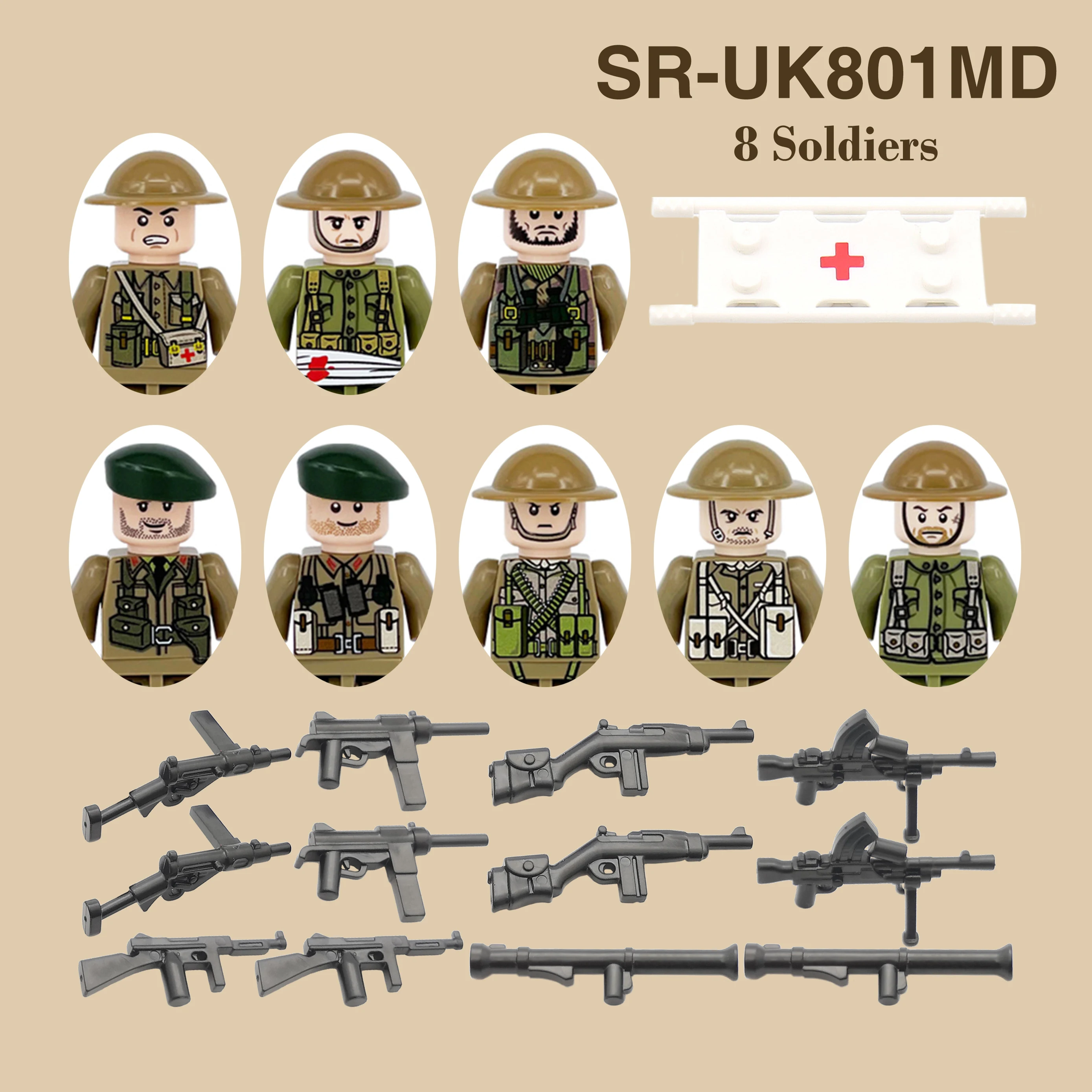 WW2แบบทำมือสำหรับทหารราบทหารทางการแพทย์กองทัพทหารมินิปืนบล็อกรูปแบบการสร้างอิฐของเล่นเด็ก