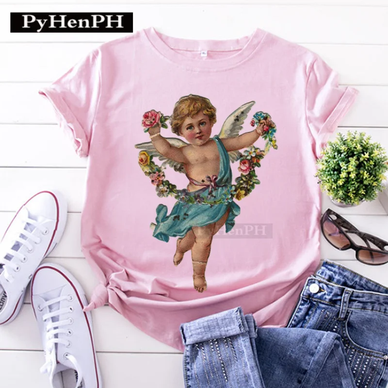 เสื้อยืดแขนสั้นผู้หญิง Angel มีสไตล์และน่ารัก เสื้อฤดูร้อนสําหรับนักเรียน และเสื้อยืดกราฟิกชั้นฐาน