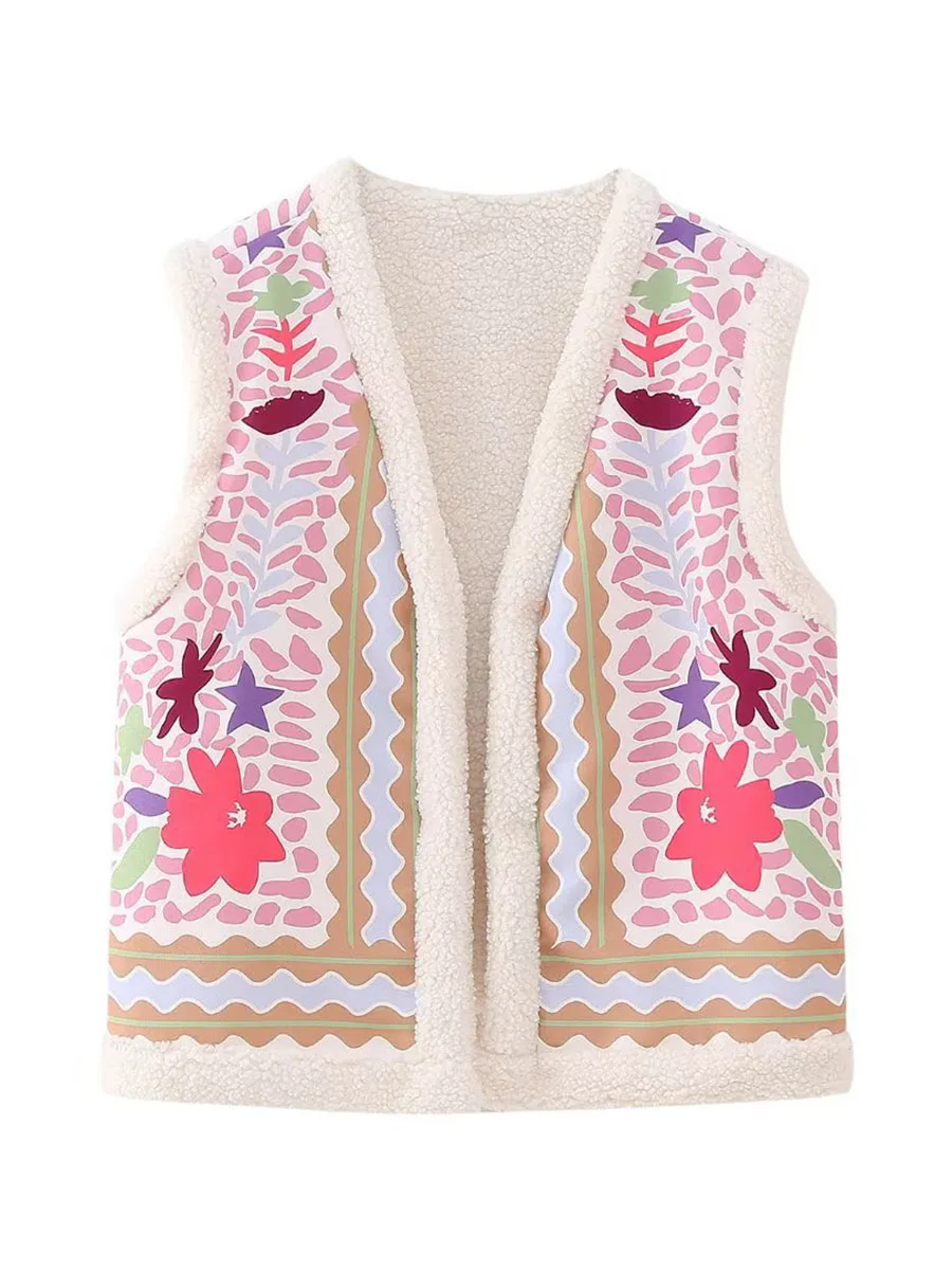 

Womens Y2K Flower Print Jackets Vintage Grunge Sleeveless V Neck Open Front Vest Autumn Winter Fleece Lining Outwear