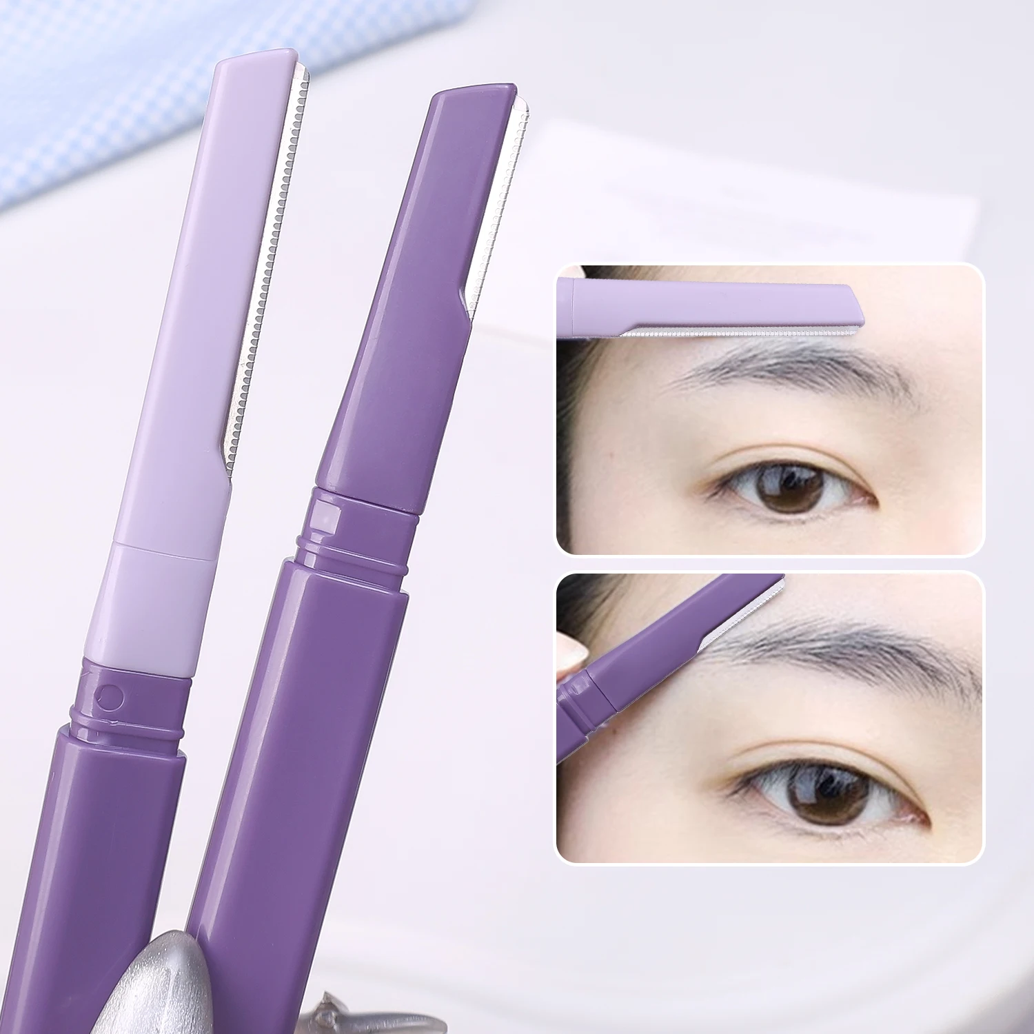 1/12pcs Double-ended Eyebrow Trimmer คิ้วกําจัดขนกําจัดขนจัดแต่งทรงผม Make up เครื่องมือความปลอดภัยแบบพกพา Brow ตัดมีดโกน