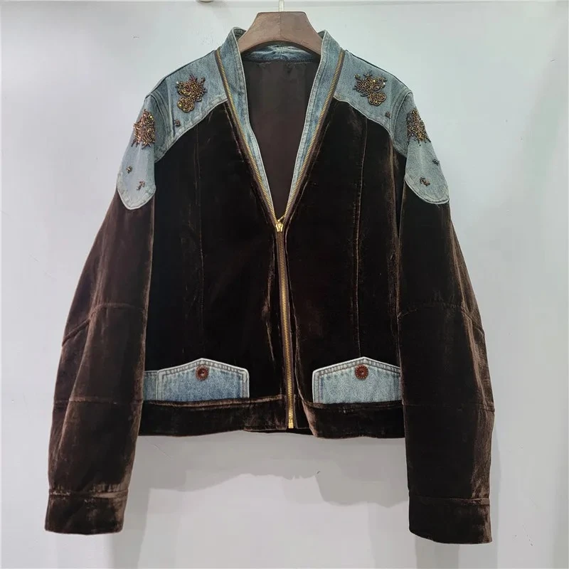 

Velvet & Denim Patchwork Jacket - Embroidered Shoulder Detail & Zipper Design, Retro Vintage Outerwear for Stylish Daily Wear