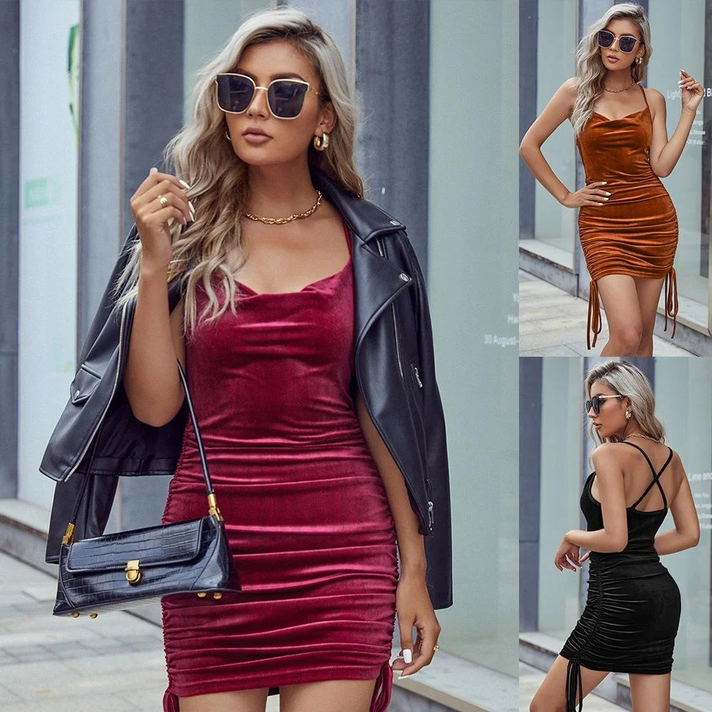 

Women's Pleated Velvet Susp Dr with Word Skirt Sexy Mid-Waist A-Line Dr Polyester Fabric Svel Autumn Winter