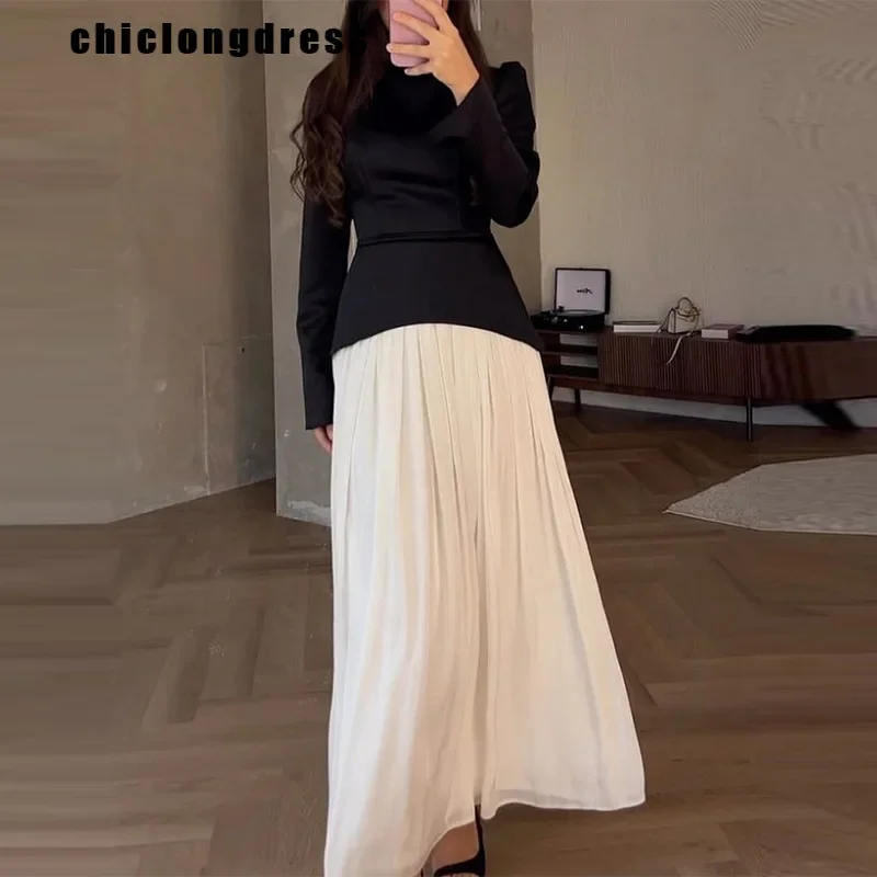 

Autumn Fashion Elegant Color Block Pleated Dress Muslim Women Luxury Satin Patched Lace Up Pleated A-line Dress Women