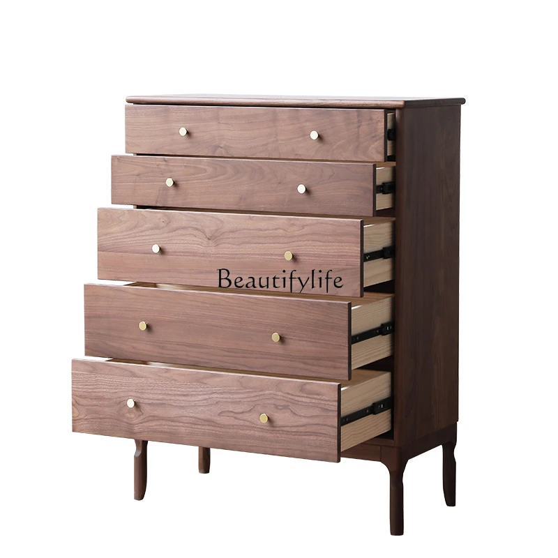 

Solid Wood Locker Nordic Style Black Walnut Five-Drawer Wooden Chest of Drawers Drawer Storage Simple