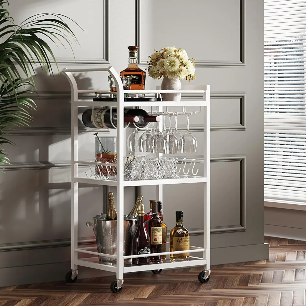 

Bar Cart, Home Bar Serving Cart with 3-Tier Mirrored Shelf, Mobile Kitchen Shelf, Rolling Beverage Cart, White BC01BW034