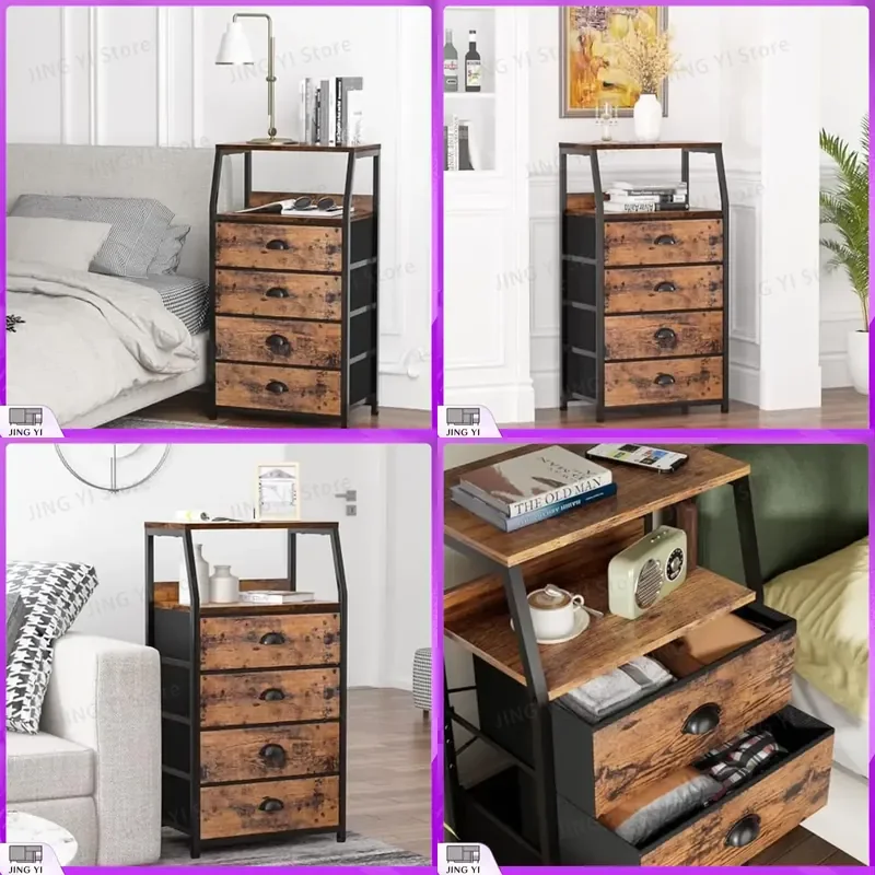 

4 Drawer Bedside Table with Open Shelf Nightstand Storage Unit for Bedroom Living Room Small Space Organizer Modern