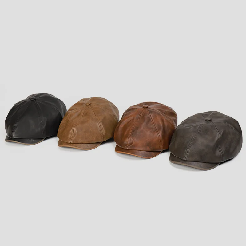 Leather Hat Beret Men Autumn British Retro PU Leather Octagonal Hat Winter Newsboy Painter Cap Coffee Boina Hombre