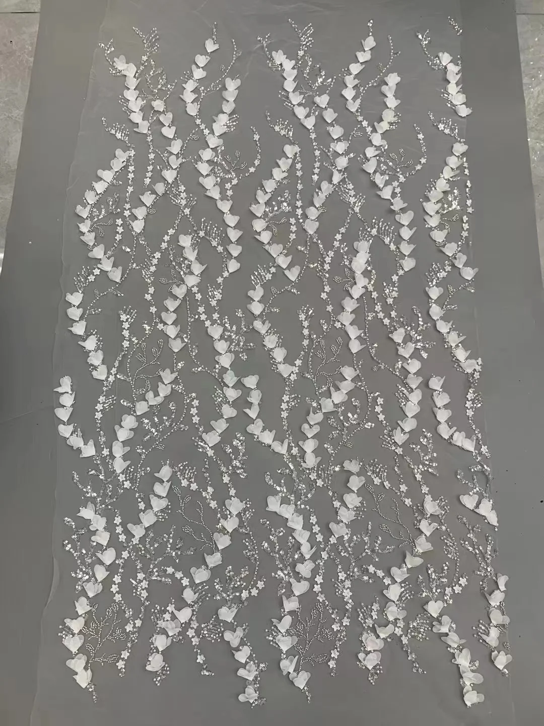 3D White Beaded Lace Fabric 2024 High Quality Mesh Lace Embroidered French Sequins Fabric For Sewing Evening Dress Women