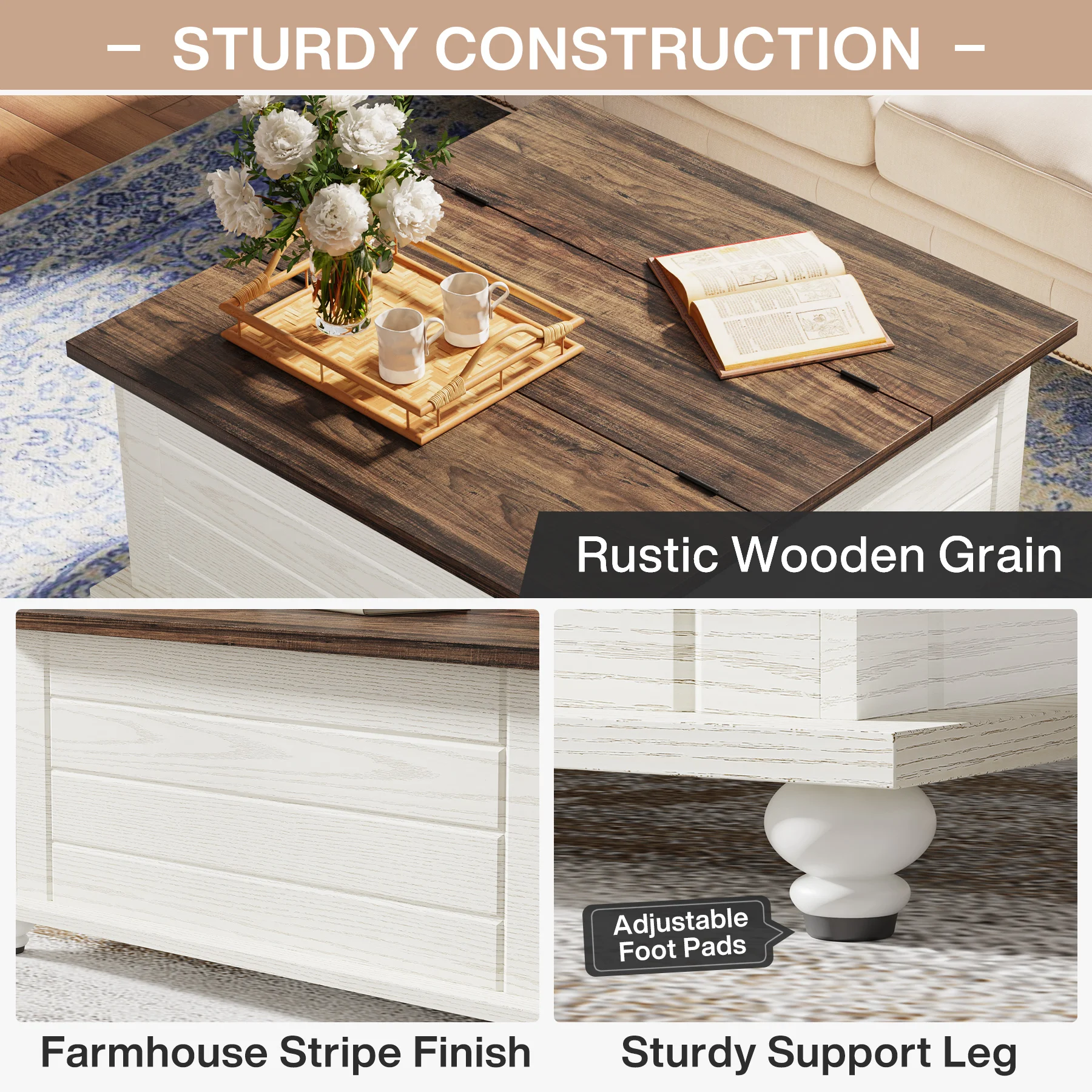 Tribesigns Farmhouse Coffee Table with Storage, Wood Square Coffee Table with Hidden Storage Compartment, Rustic Center Table