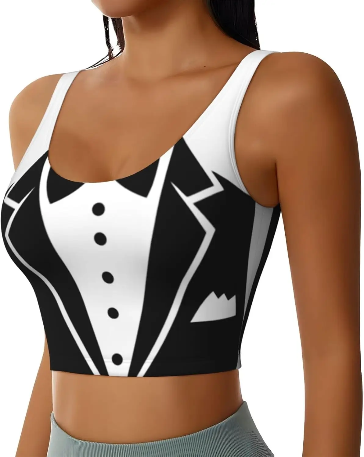 Chic Tuxedo-Print Crop Top Sports Bras for Women Tank Top Yoga Bra Workout Tank Tops with Removable Pads Casual Outfits