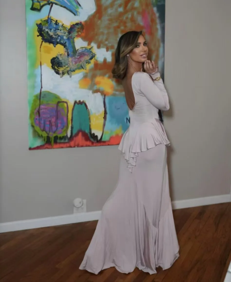 جديد 2025 أزياء أنيقة للنساء حافة أوراق اللوتس غير النظامية عارية الذراعين تكدرت مرونة عالية ضيق كم طويل مساء فستان طويل #3