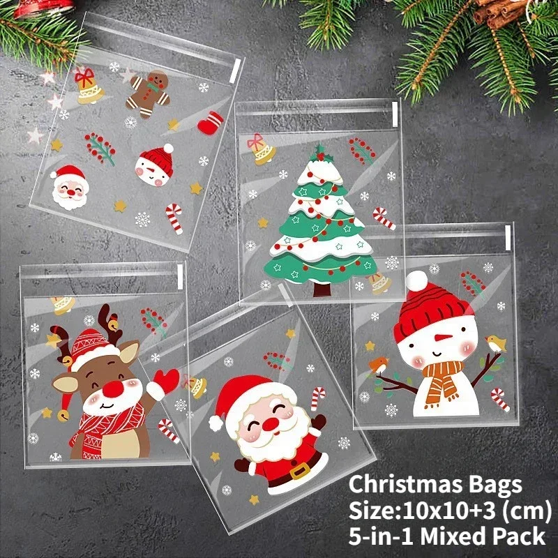 

100pcs Christmas Treat Bags - Self-Sealing, Disposable Opp Candy & Cookie Pouches With Festive Cartoon Designs For Holiday Gifti