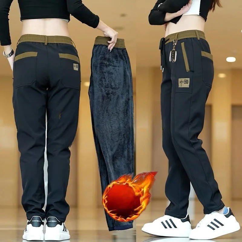 

Мужские брюки-джоггеры на флисовой подкладке для осени и зимы, свободного кроя, повседневные, рабочие, с эластичным поясом, прямые штанины, с вышивкой и молнией...