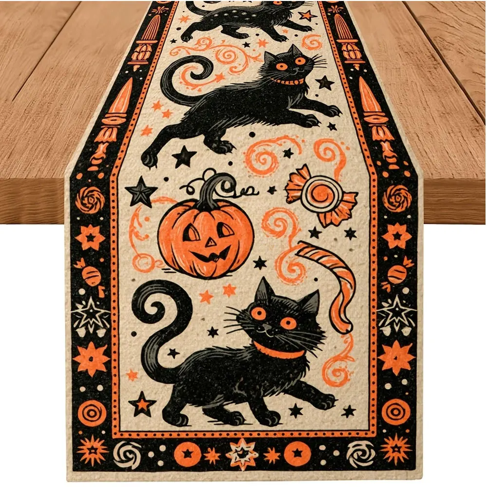 Linen Table Runner Black with Plaid Border  Dachshund Dog Playful Christmas Tabletop Decoration