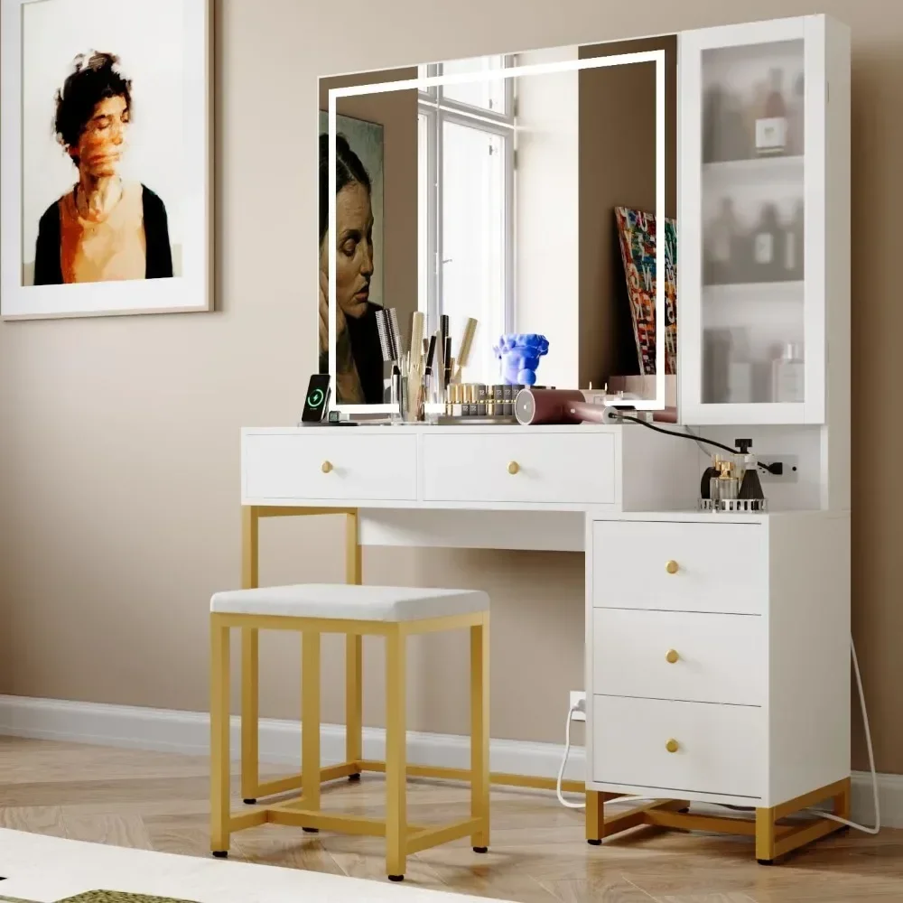 Vanity Set with Lighted Mirror & Charging Station, XL Makeup Table, Cushioned Stool, 5 Drawers, Modern White & Gold