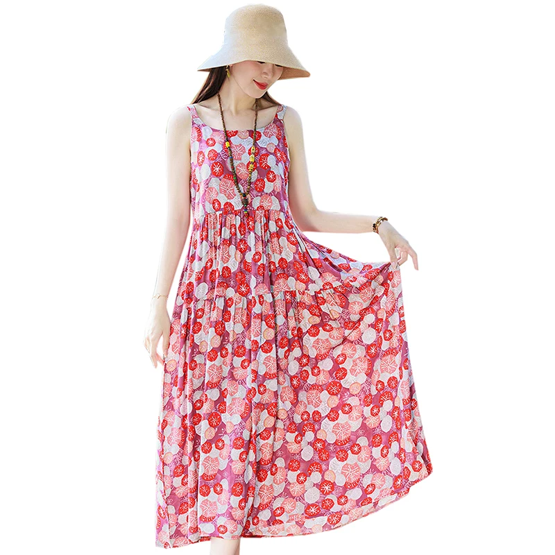 

Cotton Square Collar Long Dress Women 2024 Summer new Casual Sleeveless Floral Dress Clothes Vintage