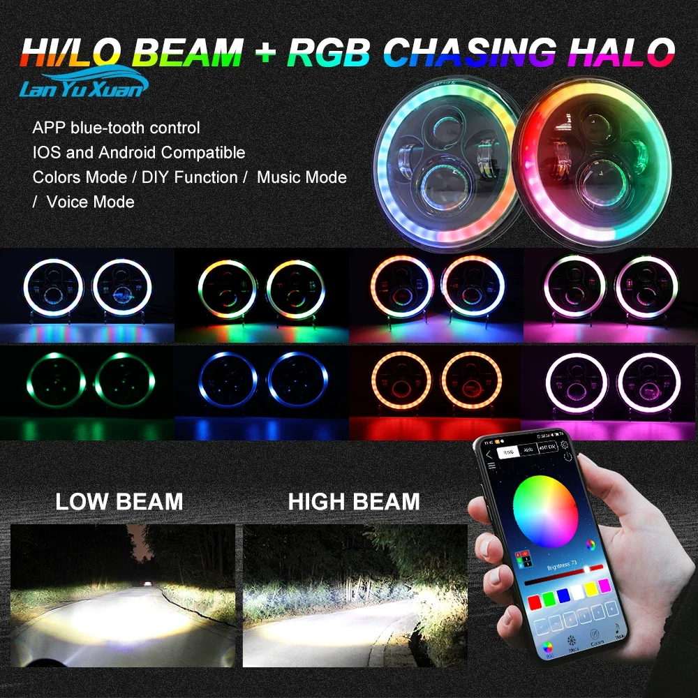 High Lumen Brightness Angel Eye DRL Halo Ring RGB Color 24V 12V Off Road Round 7 inch Led Headlight for Jeep Wrangler Motorcycle