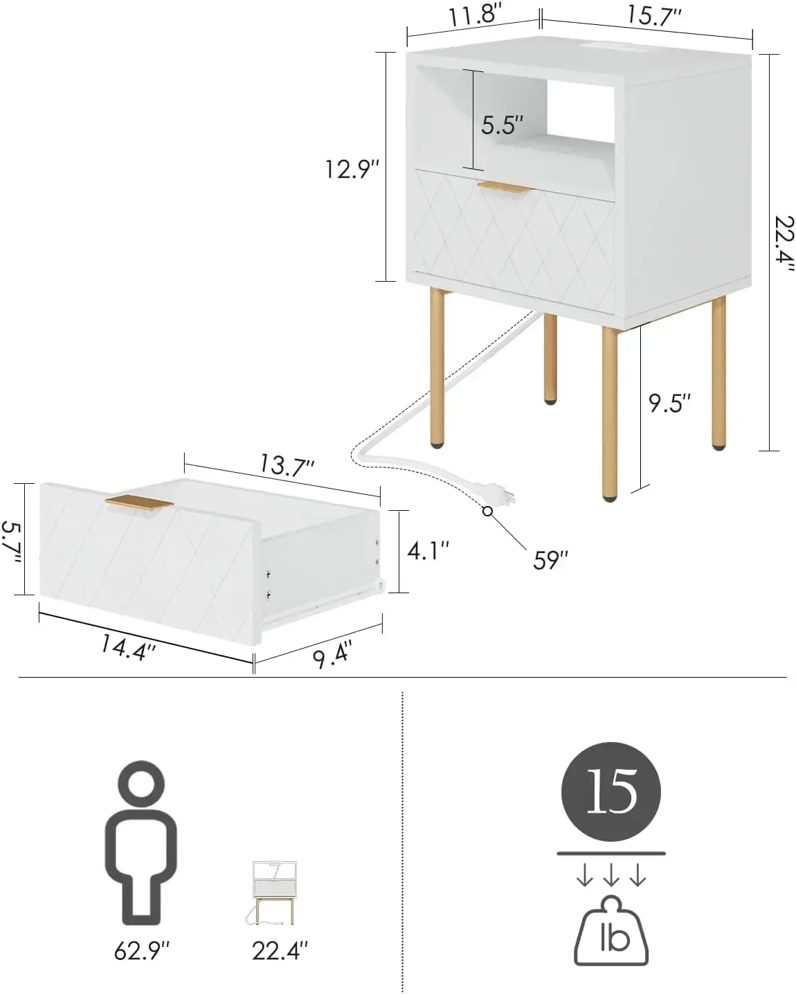 with Charging Station, Drawer Dresser for Bedroom, Small Side Table with Drawer, Night Stand, End Table with Gold Frame for Bedr