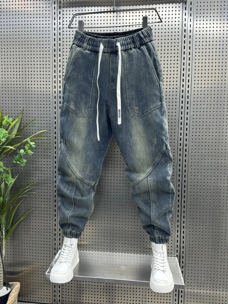 

Мужские синие джинсовые джинсы Thiened Fce, повседневные облегающие брюки с манжетами, молодежные модные брюки Harlan с небольшой ногой