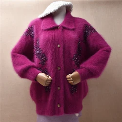 Female Women Fall Winter Thick Vintage Embroidery Beading Angora Rabbit Hair Knitted Long Batwing Sleeves Loose Cardigans Jacket