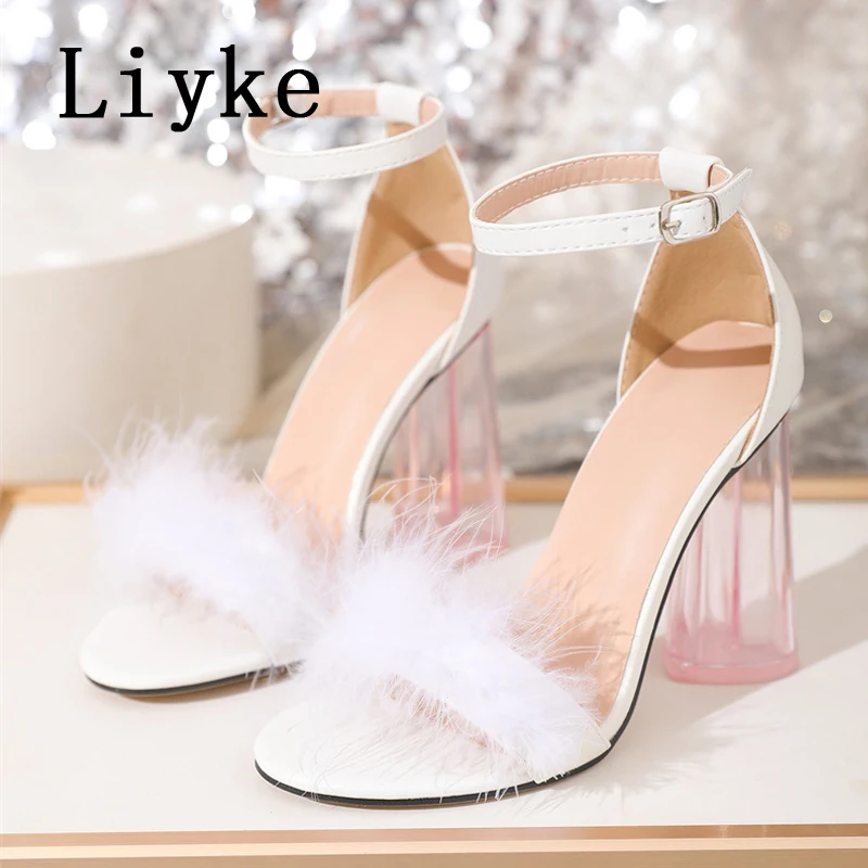 Liyke 2024 Summer Fashion Heart Shaped Transparent Thick Heels Colour Fluffy Feather Women Sandals Elegant Wedding Prom Shoes