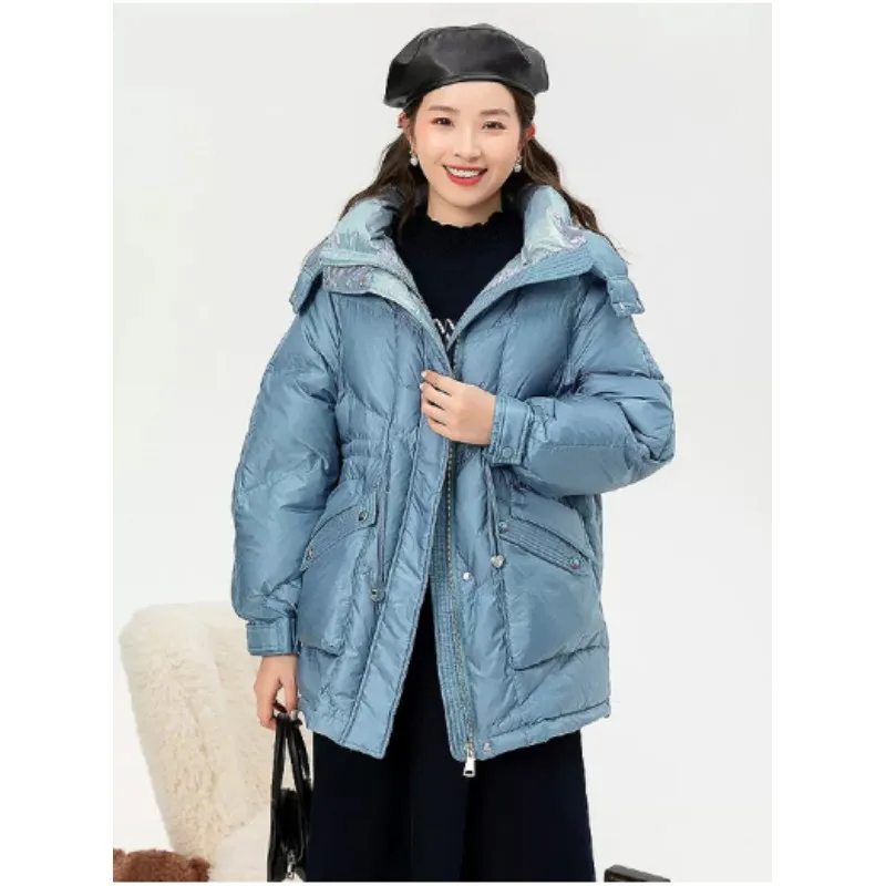 Winter New Fashion Cobalt Blue Hooded Waist Slim Length Down Jacket Female