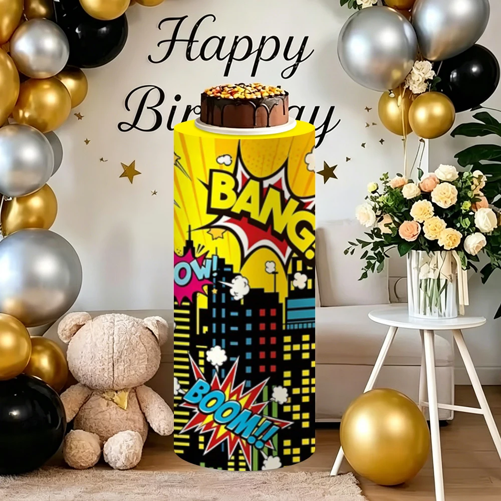 Yeele City Hero Cylinder Cover Backdrop Cityscape Buildings Elastic Cylinder Pedestal Stand Cover for Birthday Party Shower Prop