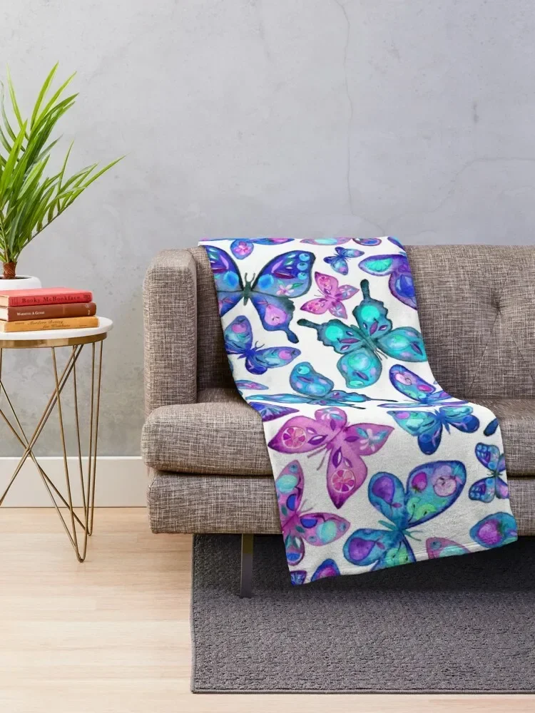 Watercolor Fruit Patterned Butterflies - aqua and sapphire Throw Blanket blankets and throws Bed Fashionable Stuffeds Blankets