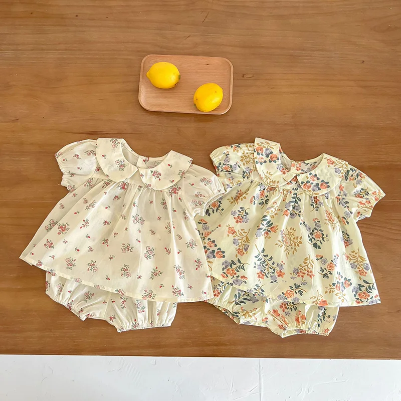 MILANCEL Summer Baby Clothing Set Floral Baby Girls Suits Peter Pan Collar Tee and Bloomer 2 Pcs