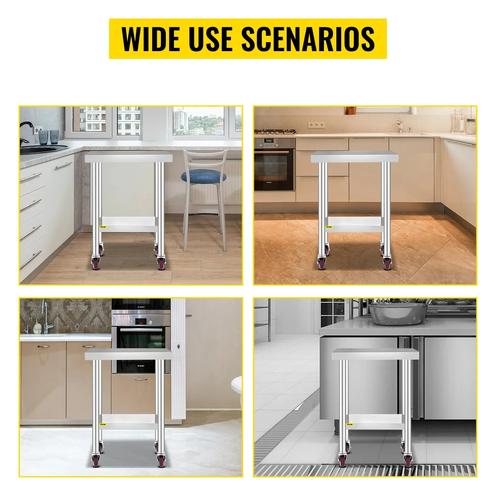 VEVOR Stainless Steel Kitchen Worktable shelves Commercial Work Bench Table with Caster Wheels for Home Restaurant Storage